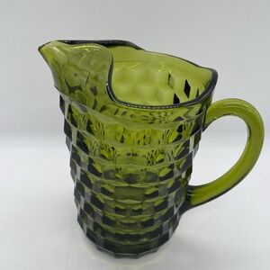 VTG MCM Indiana Colony Whitehall Cubist Avocado Green Glass Pitcher + Ice Guard